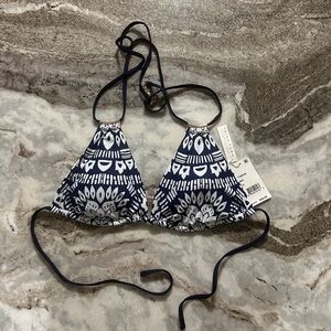 Trina Turk Navy & White Halter Swim Top with Gold Ring Detail